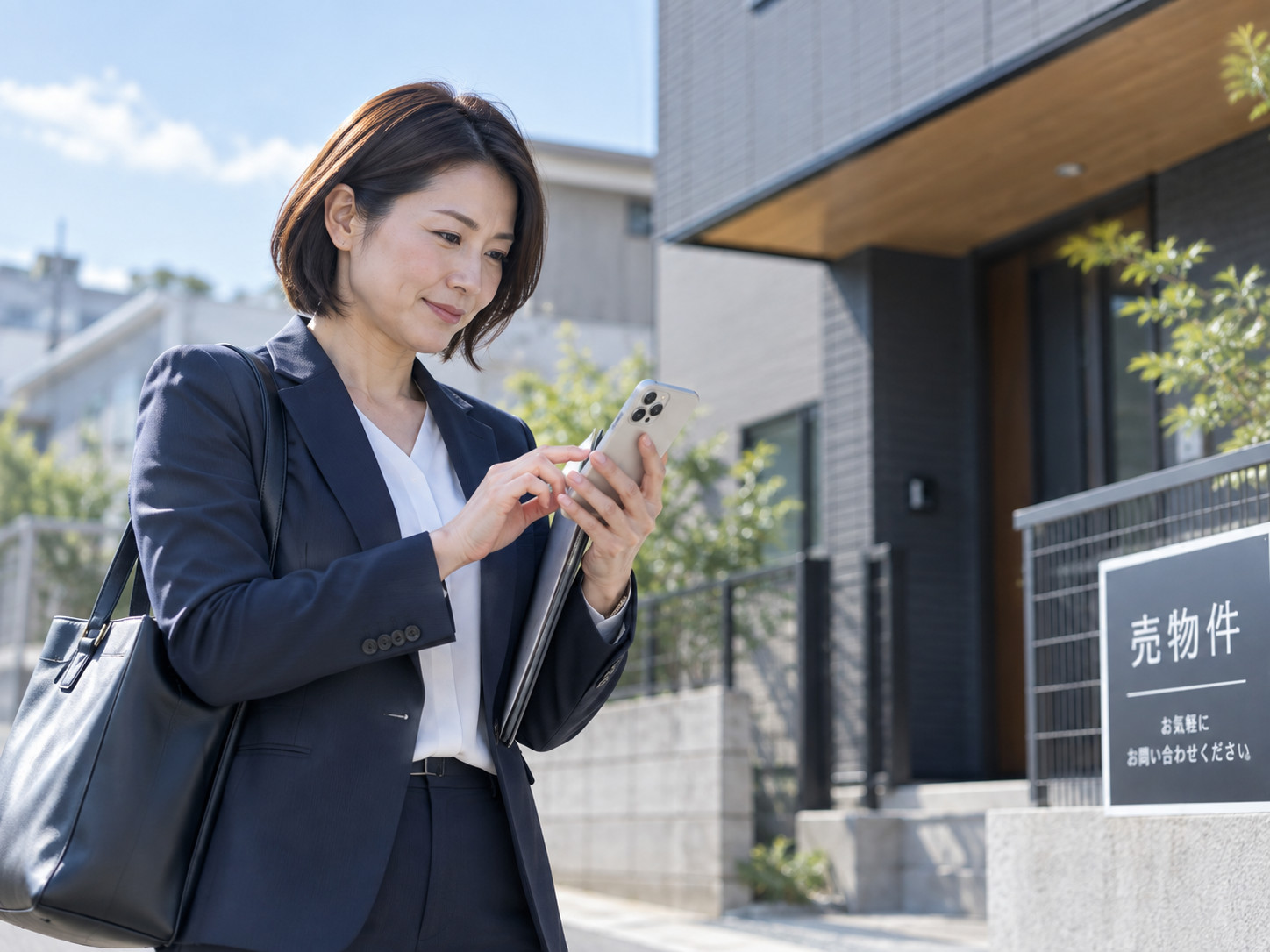 売物件の前でスマホを確認する不動産会社の女性